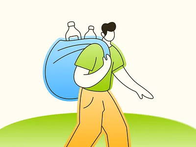 Eco-Friendly Character Illustration bag bottles character cleanup ecology environment flat garbage hill illustration lineart nature outdoor plastic pollution poster recycling sustainability volunteer waste