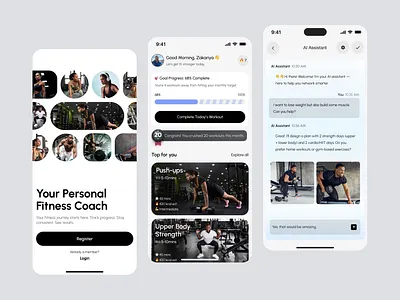 AI Fitness/Coaching App ai ai coaching app ai fitness app ai workout app clean coaching app design exercise app fitness app fitness ui kit minimal personalized fitness smart fitness ui ui design uiux ux wellness app workout app