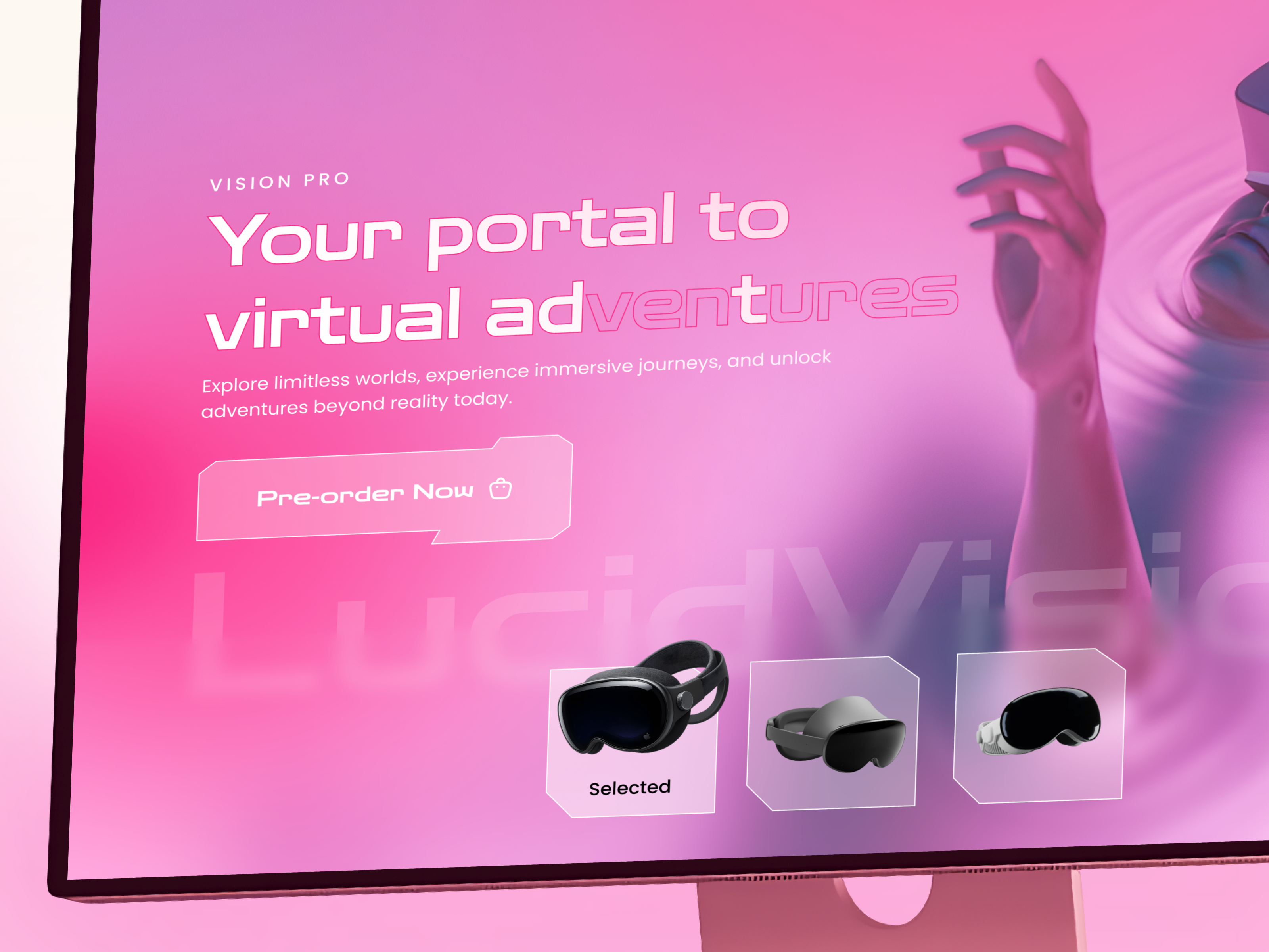 Virtual Reality Headset Landing Page UI Design 3d web design digital product website ecommarce ecommerce website futuristic web design hero section design immersive web experience interactive website landing page premium website design product design startup website design tech branding design tech product page ui design ux design vr headset showcase vr website web design web interface design