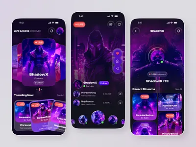 Game Streaming App app award cyberpunk ui dark mode ui entertainment ui esports app game game streaming app game streaming platform gaming app live show live streaming ui mobile mobile app design neon ui streamer app streaming ui ux design watching