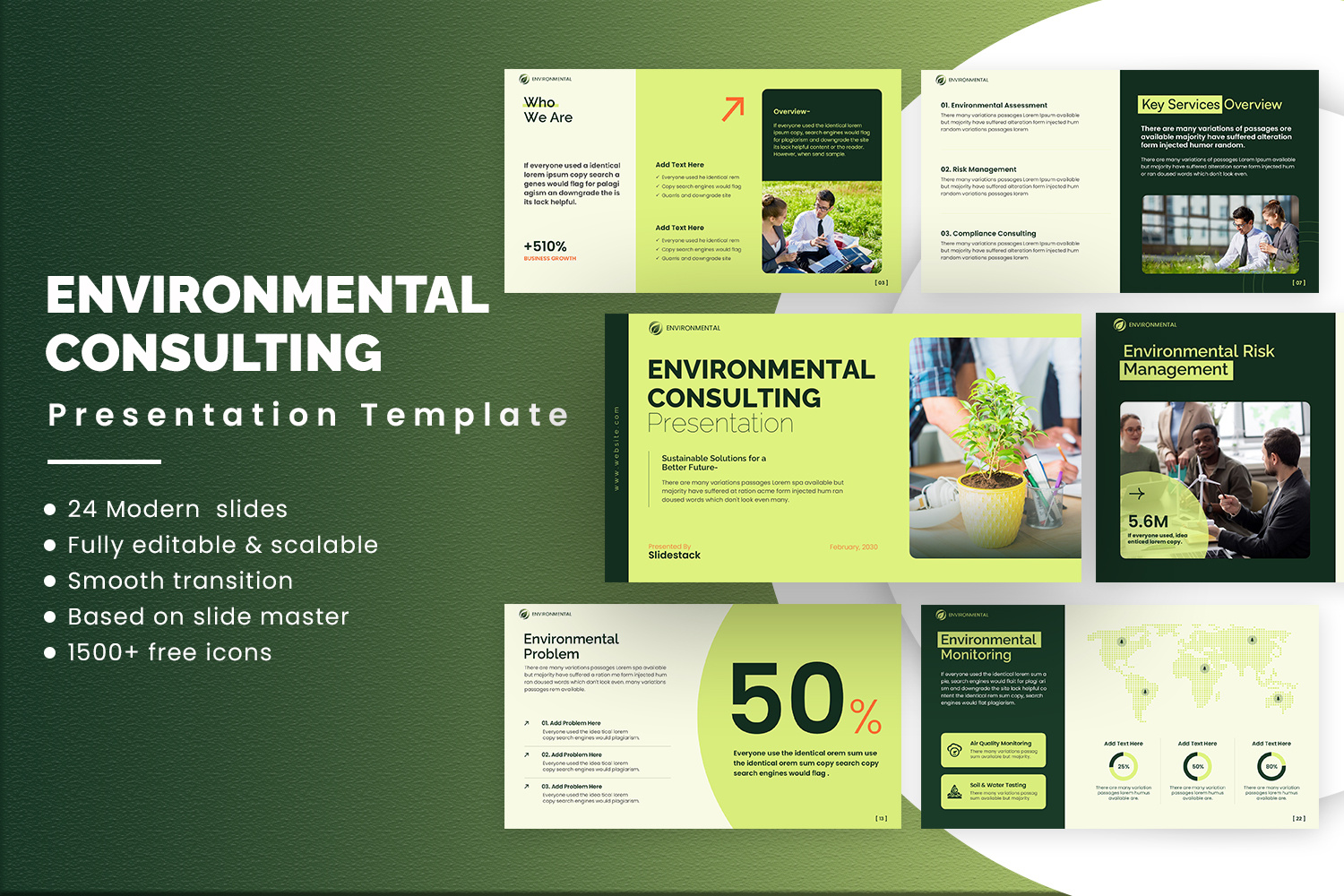 Environmental Consulting Presentation analysis awareness business clean climate consulting corporate ecology environmental green nature planning presentation professional report slides strategy sustainability template visuals