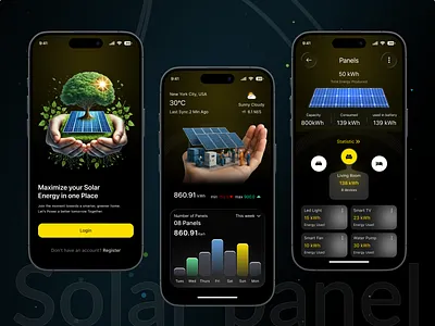Solar Energy Monitoring Mobile App UI Design ai analytics app design battery monitoring clean energy dark theme ui energy dashboard energy monitoring energy tracker green technology mobile app mobile app ui renewable energy smart grid smart home solar app solar energy ui design