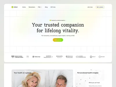 HOLO – Health Biomarkers Landing Page biomarkers biomarkers landing page design health health landign page healthtech landing page longevity medical medical landign page product saas startup ui web