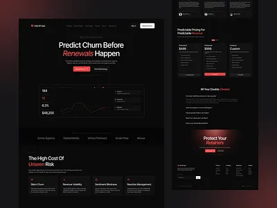 ClientPulse — Churn Prediction SaaS | Landing Page Design branding conversion design dark ui dashboard figma framer framer design framer developer landing page landing page design saas ui ui design web design