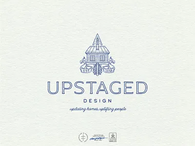 Upstaged Design Primary Logo arrow banner brand design brand identity branding branding design hand drawn home house identity design illustration illustrator interior design logo logo design monochromatic renovation typography vintage visual identity