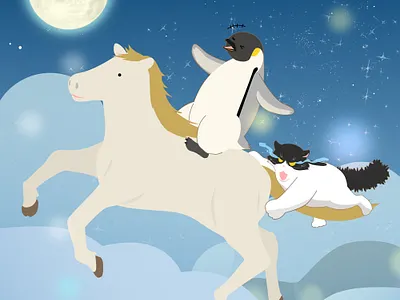 星空散歩 Strolling through the starry sky animal art cat character deisgn graphic design illustration penguin vector イラスト