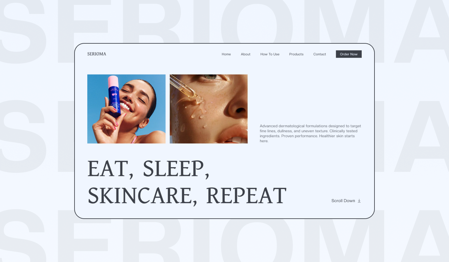 Luxury Skincare Brand Landing Page Hero Section UI Design beauty brand design beauty ecommerce ui beauty product website clean website layout conversion focused design cosmetic landing page dermatology brand design fashion beauty ui high end web design luxury website design minimalist ui design modern web design premium brand website product showcase website responsive web design serum product page skincare branding skincare hero section skincare website ui ux design