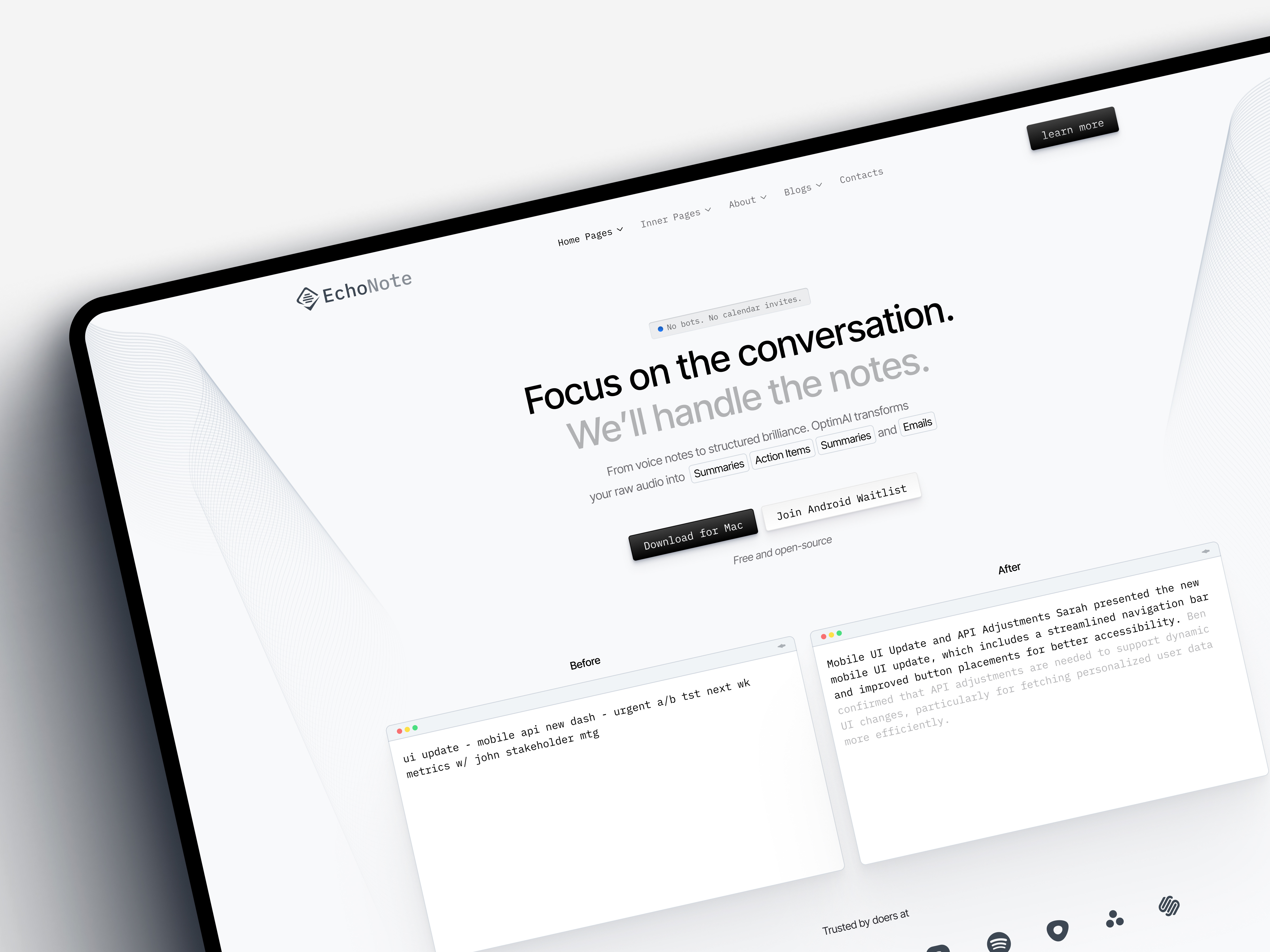 EchoNote - AI notepad landing page ai saas echonote landing page light mode minimalist design product design saas marketing staticmania transcription ui uiux us tech voice to text