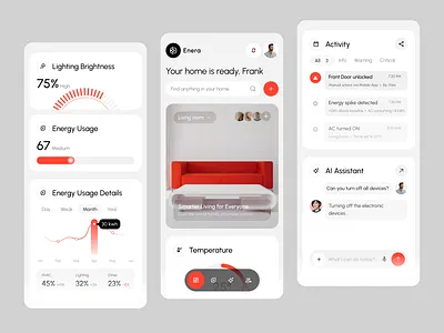 Enera – Smart Home Intelligence Mobile Dashboard activity ai artificial chart clean dashboard energy home intelligence lamp minimalist mobile modern smart smarthome temperature ui uiux ux