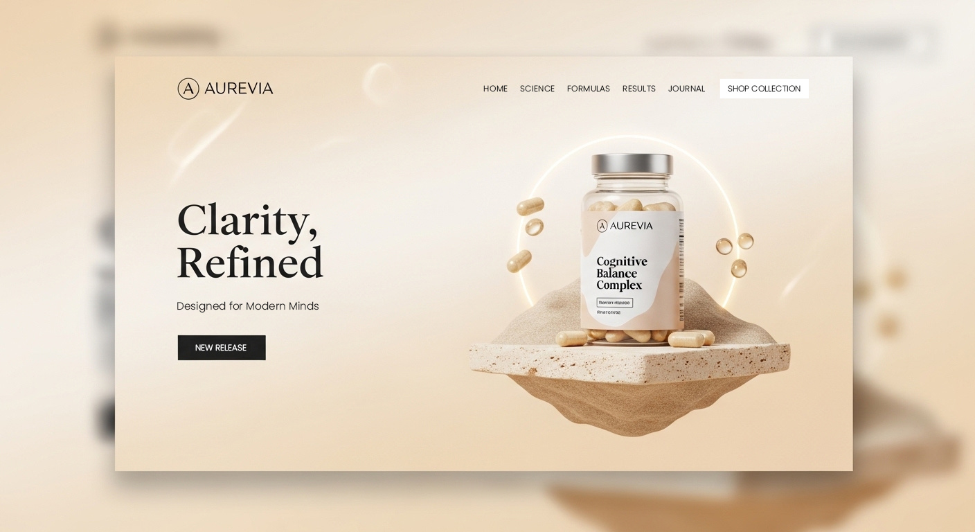 Landing Page UI Design ☀ AUREVIA Wellness 3d product render brand identity clean layout digital design ecommerce design figma design health tech hero section landing page luxury branding minimal design modern website nootropic premium aesthetic supplement website typography design ui design ux design web design wellness brand