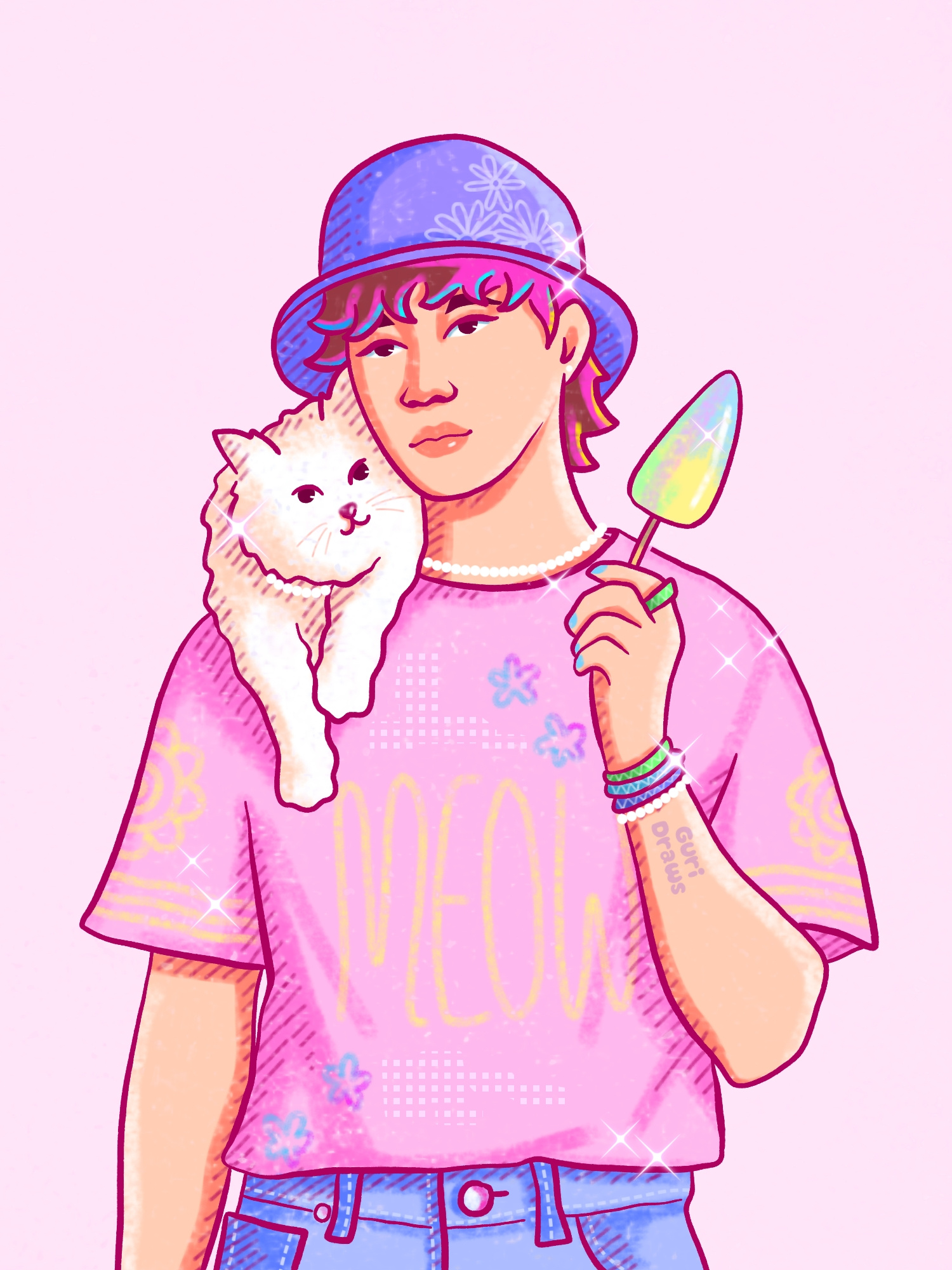 Man & Cat Portrait 2d animal art artist cat character colourful design digital art diversity fashion flower ice cream illustration people pink portrait