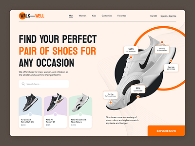 Walk Well animation clean creative dailyui design flat hero interface landing page minimal product shoes shoes web shoes website typography ui ux web website