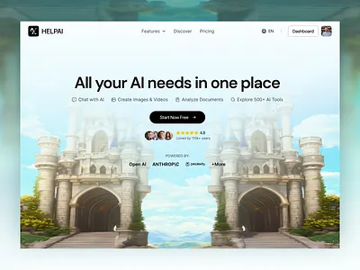 HELPAI – AI Platform Landing Page ai ai assistance ai image generator ai landing page ai tools ai video generator ai website chatbot hero area product design saas design startup uiux website
