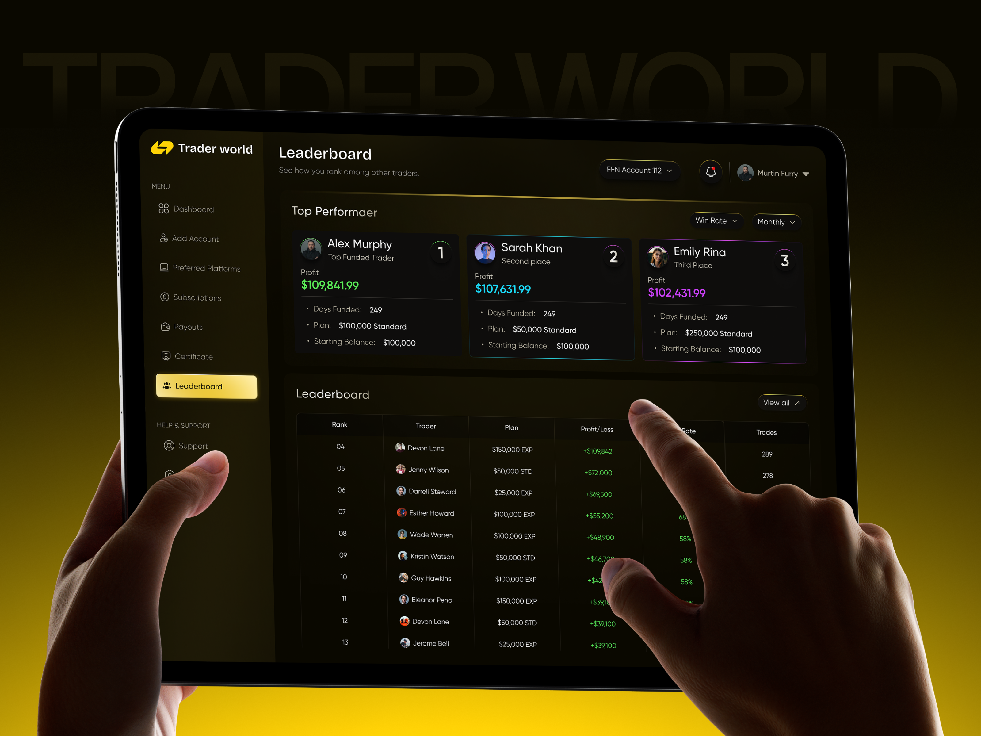 Prop Firm Leaderboard Screen Design blockchain crypto dashboard crypto ui dashboard design fintech redesign forex trading forex trading ui funding challenge investment app prop firm dashboard prop firm platform prop trading trading dashboard trading evaluation trading platform trading web app uiux web design web3design webapp design