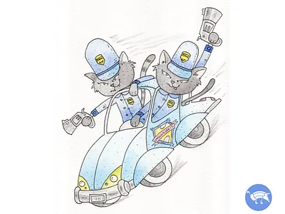The Long Paw of the Law. car cats character design chase handdrawn handmade illustration kutten pencildog police patrol watercolor