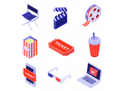 Cinema Isometric Icons cartooning cinema cinema icon design free download free icons free vector freebie icon set icons download illustration illustrator isometric icon movie movies vector vector design vector download