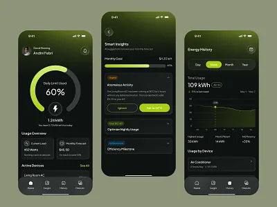 EcoPilot — Smart Energy Monitoring & AI Optimization Interface ai analytics dark mode eco app energy insight mobile app monitoring app product design smart home sustainability app ui ux