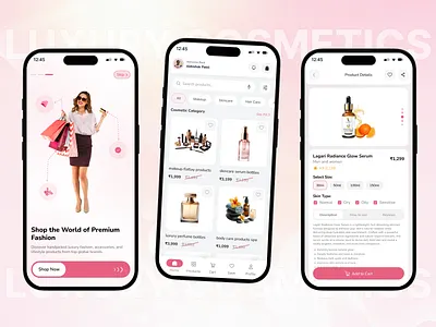 Luxury Cosmetics Mobile App UI Design app design app inspiration beauty app brand aesthetic cosmetics app ecommerce app fashion app figma design luxury app minimal ui mobile app ui modern ui pink gradient premium design product details ui shopping app skincare app ui design ui ux ux design