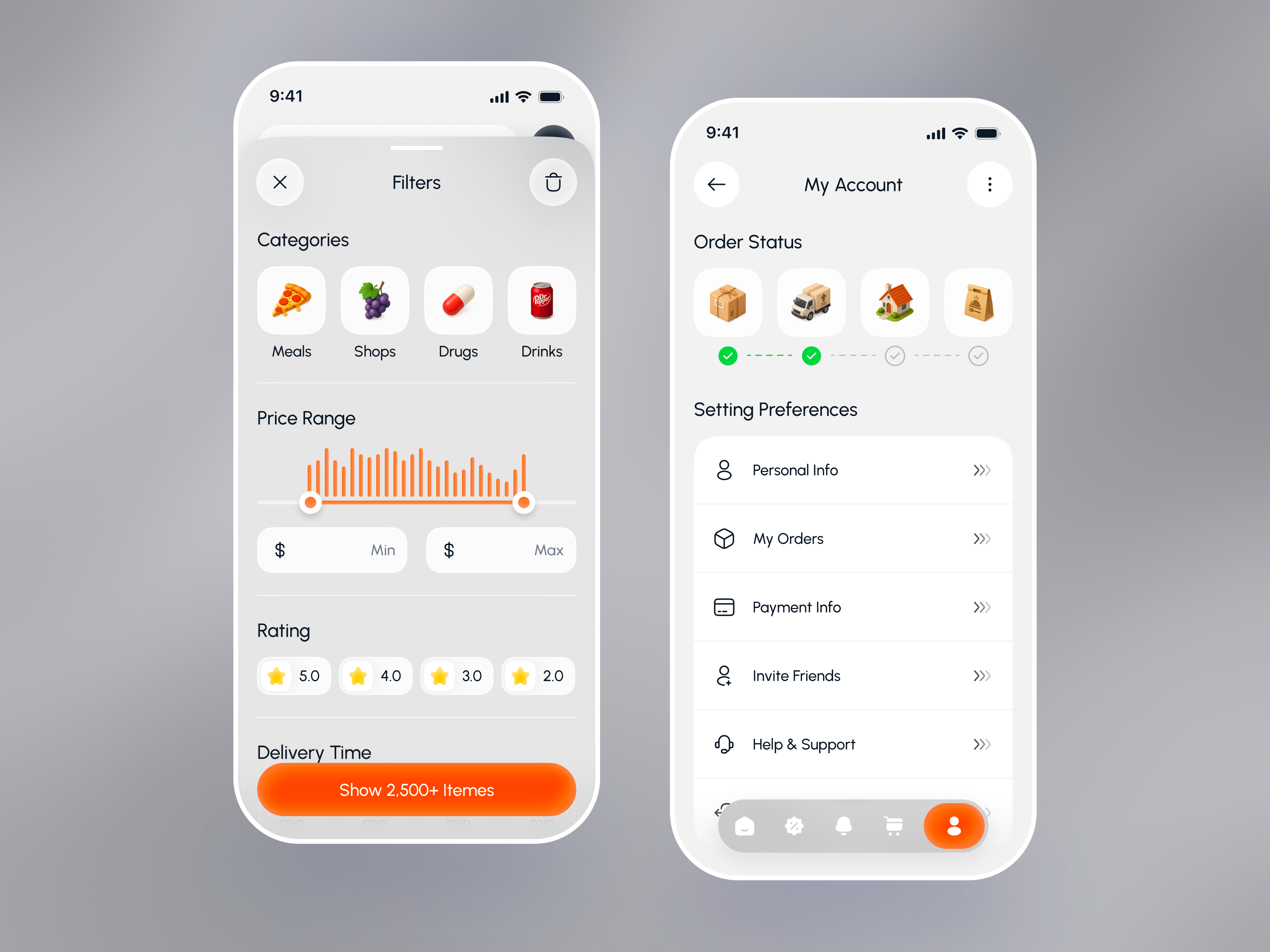 Filter & Profile Page - Food Delivery Mobile App account settings app interface clean ui delivery service ecommerce app filter screen food delivery app interaction design mobile app mobile ui modern ui my account order status order tracking price filter profile screen rating filter ui design user dashboard ux design