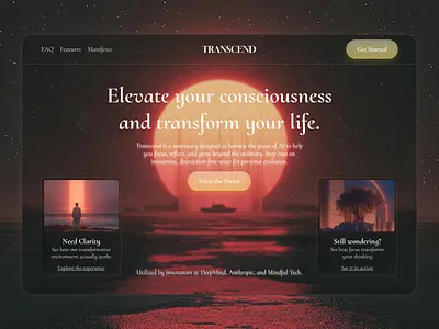 Transcend – Futuristic AI Landing Page Design ai platform ai website cosmic design dark ui futuristic design gradient design hero section immersive design landing page design minimal website modern web product landing tech startup ui ux design web ui website desing