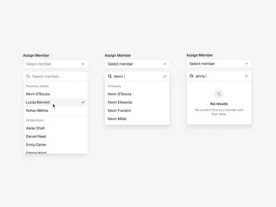 Member Assignment Dropdown admin panel assign user combobox component dashboard design system dropdown empty state filter search saas search dropdown select ui user selection ux web app