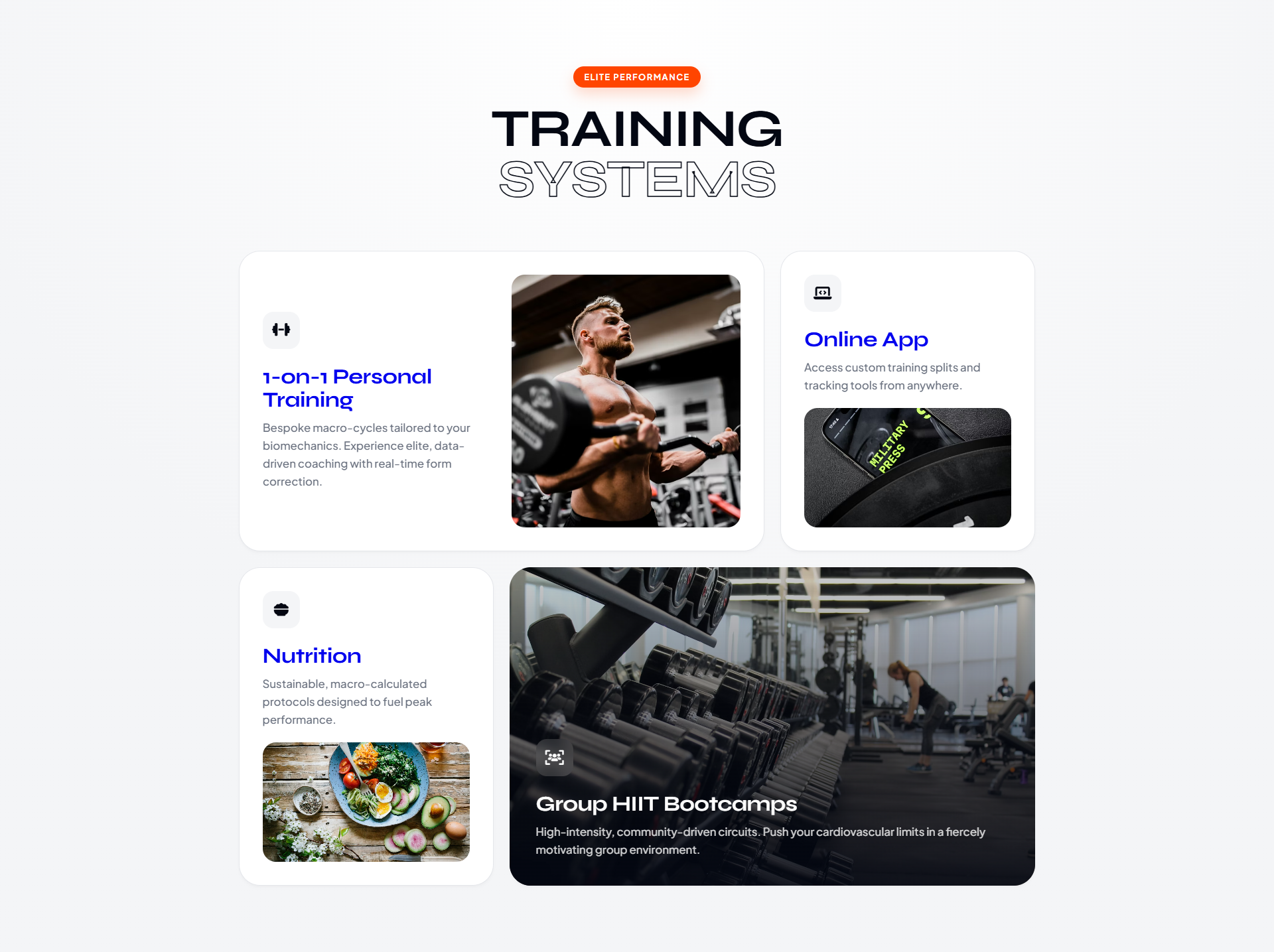 Bento Grid Training Systems UI - Fitness Coaching bento grid coaching systems conversion optimization elite performance fitness branding fitness website gym marketing landing page lead generation nutrition plan online coaching personal trainer premium web design responsive design service section training app ui design ux design web design wordpress expert