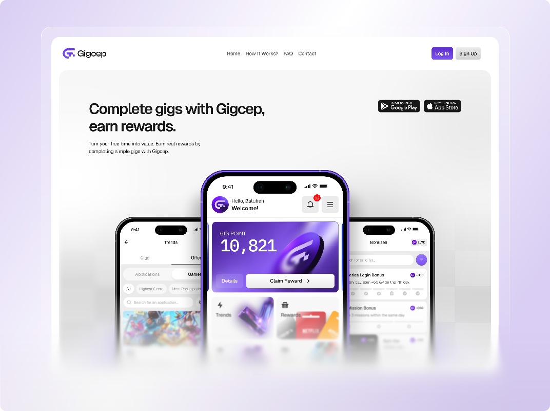 Example of Gigcep Branding, Landing Page & Mobile App UI/UX by Beew Studio