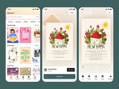 CafeCard – Greeting Card Creator App app design app designer app ui concept canva card design creative design tools customization app design agency home screen interface ios mobile app mobile application mobile gifting platform mobile screen mobile ui product design shahid miah ui design ui ux