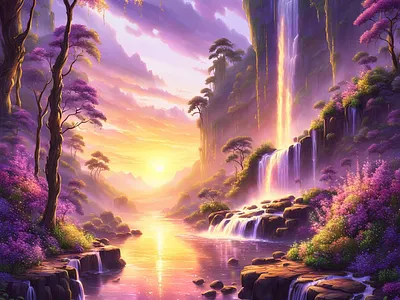 Waterfall clouds flowers illustration landscape purple reflections scenery scenic sunset trees waterfall