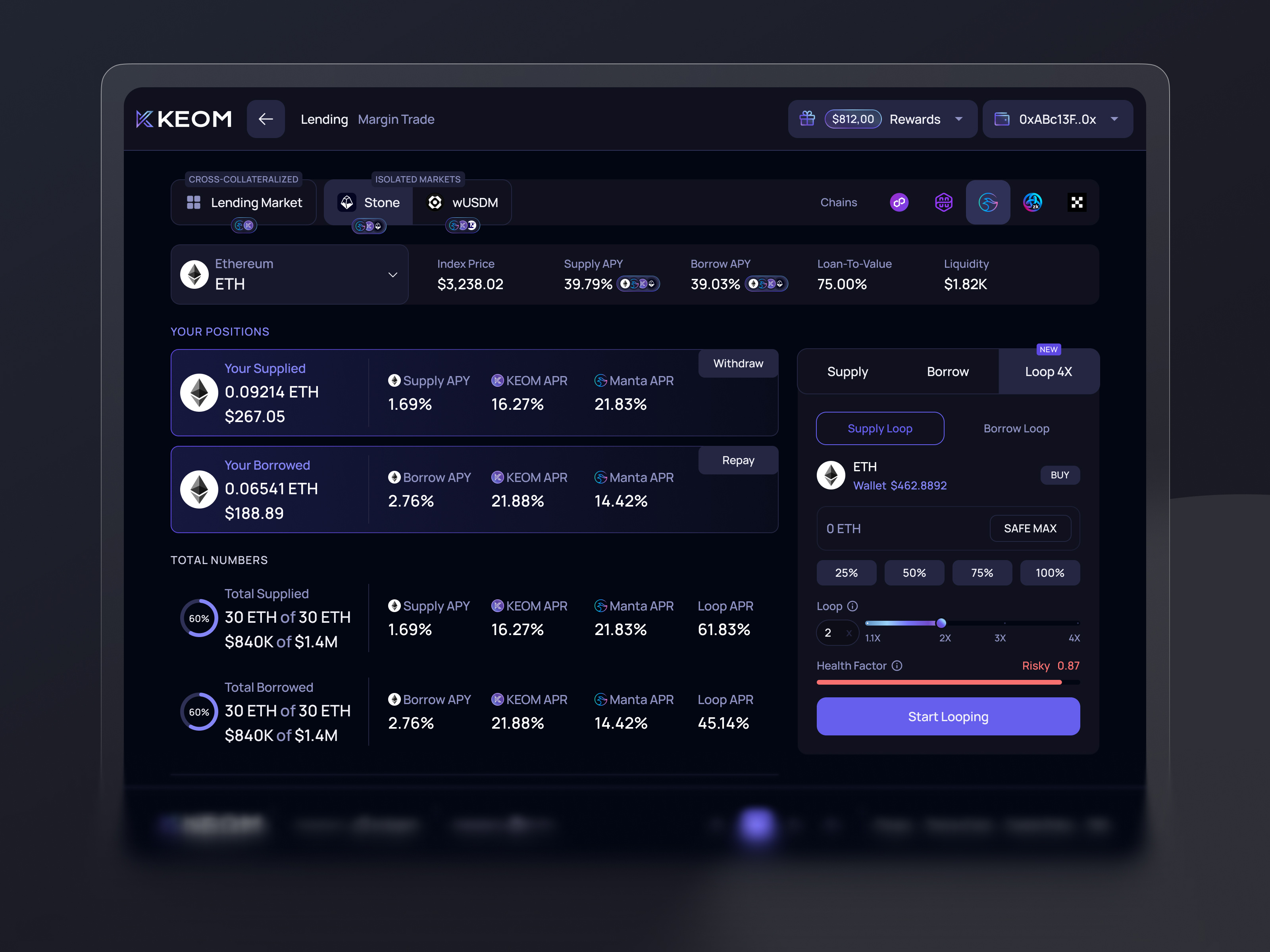 KEOM Protocol Web3 Dapp Lending Market Product Design blockchain borrow crypto crypto asset dapp dark design finance fintech design lending market leveraged market looping staking trading ui design web3