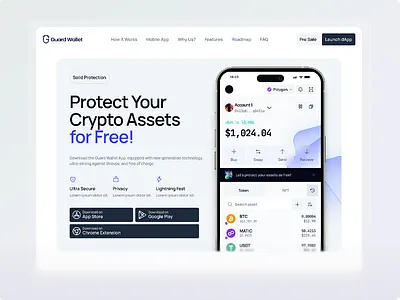 Guard Wallet Web3 Asset Protection Product Design asset protection blockchain chrome extension clean design crypto dapp dashboard defi design landing page mobile app design product design responsive design token tokenomics ui design ux design web3 wallet