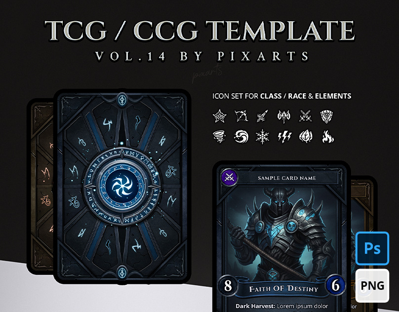 Trading Card Game (TCG) Template – Dark Steel Runic Style Vol.14 ancient rune magic card battle interface cold blue ui dark steel ui dungeon crawler assets fantasy deckbuilder heavy metal card frame modular tcg assets necromancer theme nordic fantasy interface print ready playing cards rpg card design runic card template soulslike ui unity card template