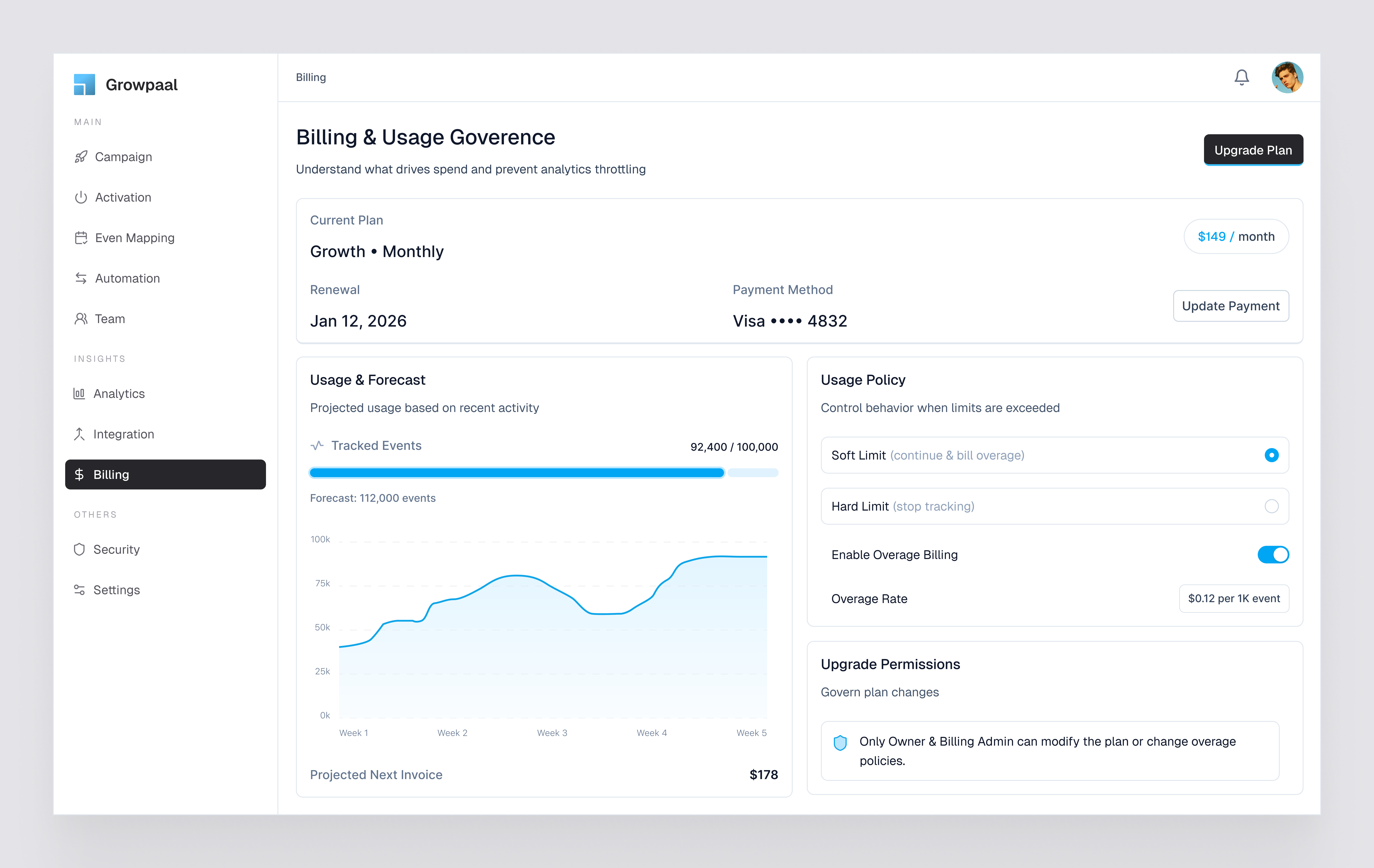 Billing Module for Growth operations SaaS billing figma growpaal pricing saa saas ux