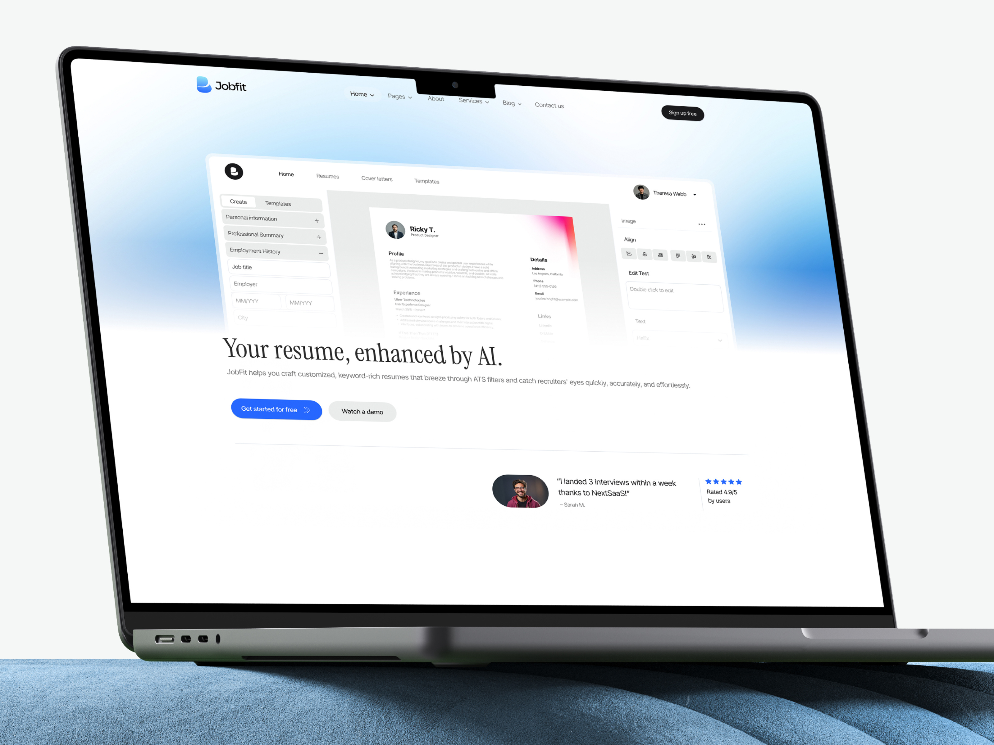 AI resume builder ai productivity ai resume builder career platform career tool clean design dashboard design figma job search tool jobfit landing page inspiration minimalist ui professional ui resume customization resume editor saas landing page staticmania uiux user interface web design