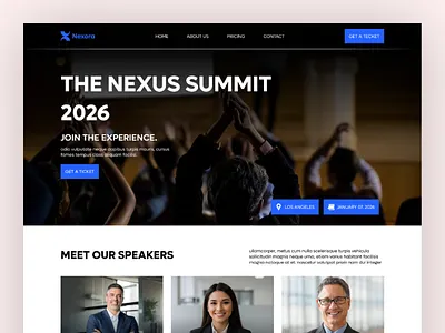 Nexora Summit 2026 – Modern Tech Event Landing Page UI Design conference landing page corporate website dark theme website dribbble shorts event website figma design hero section design landing page design modern website pricing table ui responsive web design saas landing page speaker section tech conference tech event ui timeline section ui designer ux design web ui design website inspiration