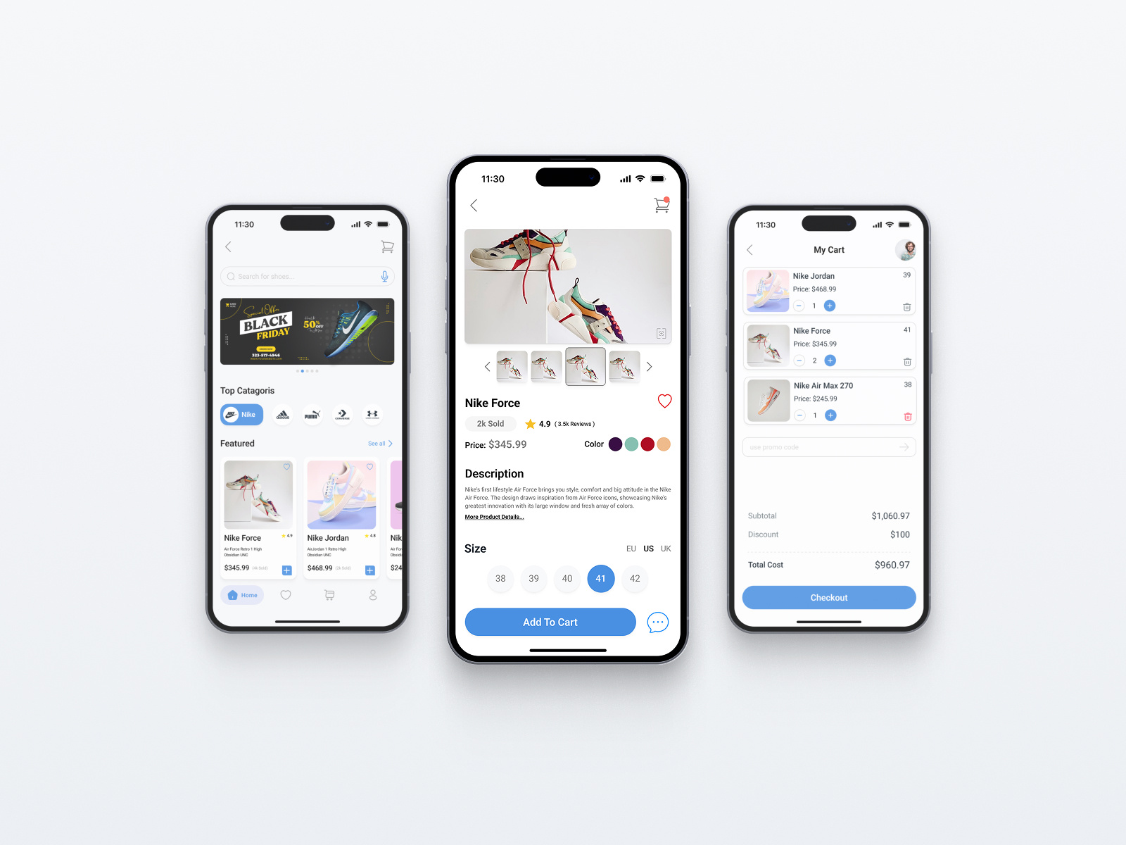 Sneaker Store App UI – Product, Details & Cart app design cart ui checkout ui clean ui dribbble shot ecommerce app fashion app ios app minimal design mobile app mobile app ui modern ui product design product details shopping app sneaker app sneaker store ui design ui inspiration ux design