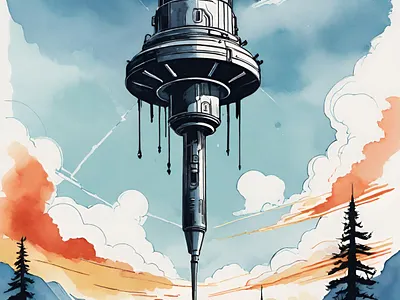 Beacon from the future cyberpunk futurism futuristic illustration industrial landscape retro scifi space surreal watercolor