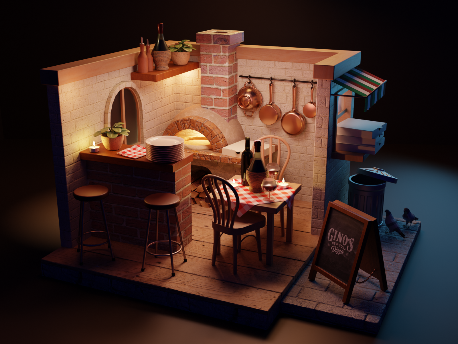 At Gino's - 3d tiny pizzeria 3d bar blender cianti cozy illustration kitchen nigth pizza pizzeria restaurand