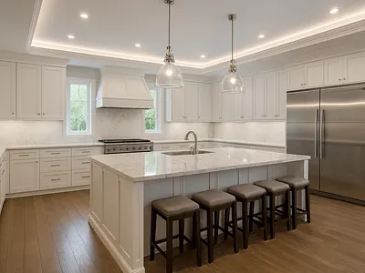 Elite Modern Shaker Kitchen with Calacatta Quartz Island & Cove 3d seamless marble