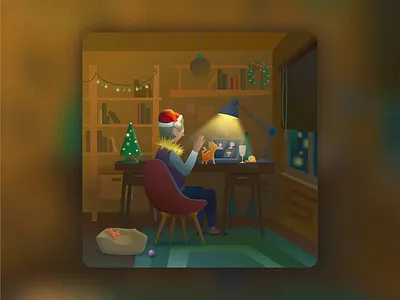 Christmas online animation cartoon cat champagne christmas christmas tree evening graphic design holiday illustration interior lamp laptop man new year night vector