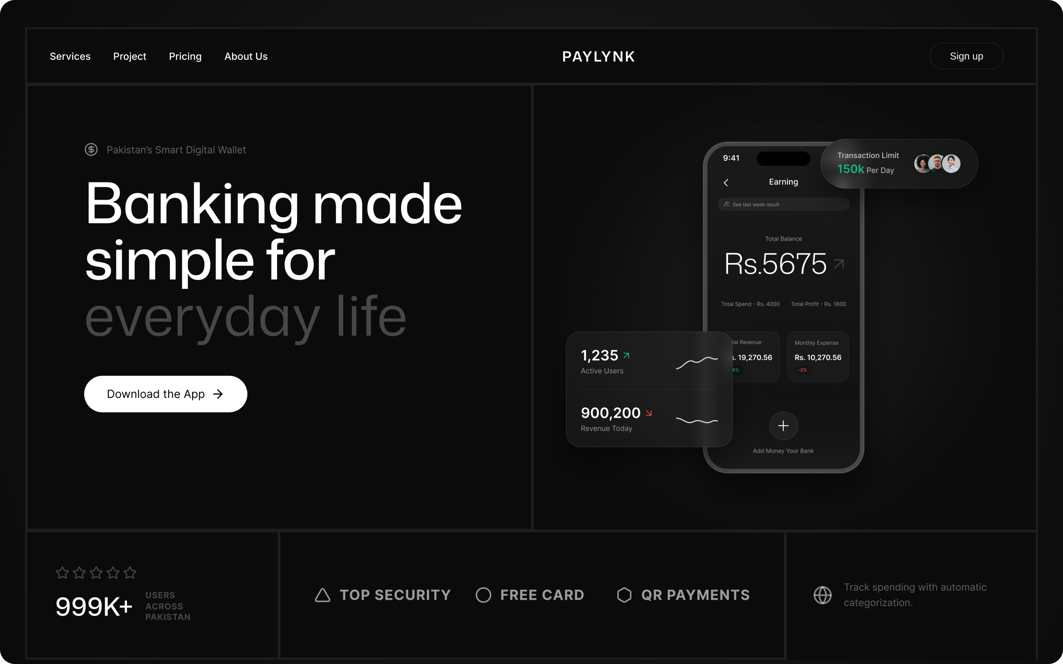 Paylynk - Conceptual Fintech Landing Page banking app banking landing page digital wallet ui fintech app fintech banking fintech banking app fintech landing page saas landing page saas ui