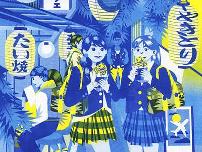 All Nippon Airways - Omoide Yokocho advertising design illustration japan japanese culture japanese food jenn liv limited color limited color palette risograph tokyo toronto toronto illustrator travel