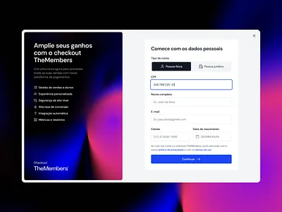 Checkout TheMembers Onboarding blue checkout dark design finance fintech form gradient grainy liquid minimal modal onboarding pink side content texture ui user interface ux visual design