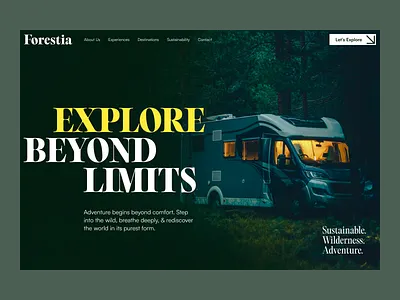 Sustainable Adventure & Travel Landing Page Concept campervan creative darkmode exploration forest reservation interface landing page minimalism nature nature exploration recreational vehicle rv sustainable travelwebsite ui uidesign uxdesign visualdesign webdesign website