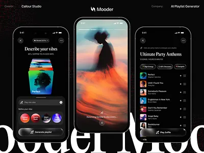 AI Music Playlist Generator ai playlist ai product ai recommendation app callour dark ui dashboard discovery engine glassmorphism gradient app machine learning mobile music app music discovery music player ui music streaming playlist generator product design saas ui