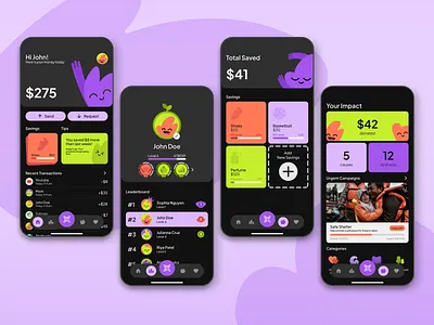 Teen Banking App UI Design app banking branding dark mode design fintach gamification mobile money playful saving teenager ui ux