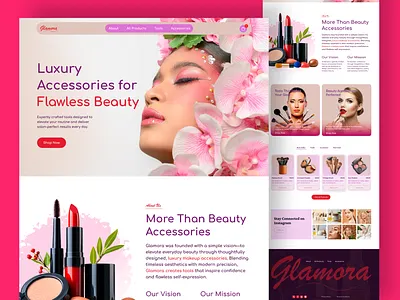 Glamora, A Beauty Accessories Landing Page beauty accessories beauty website clean layout cosmetic brand ecommerce design feminine design figma design landing page design luxury brand minimal design modern website online store product showcase skincare website ui design user interface ux design web design