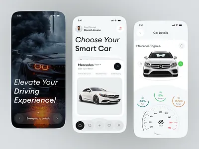 SmartDrive — Smart Car Mobile App UI analytics automotive car details car tech dashboard design drive driving experience home mobile app onboarding overview smart smart car splash ui ux vehiclemanagement