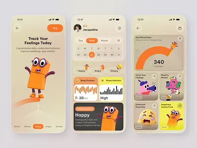 Mood Tracking App – Emotional Wellness Mobile UI/UX 3d character ui analytics dashboard app app design clean ui dashboard ui emotional tracking health app design mental health app mindfulness app mobile app concept mobile ui mood tracking app self care app sleep tracking app ui ux design wellness app