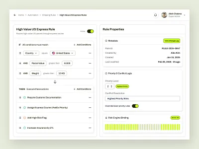 International Shipping Automation Rule Engine UI conditions ui parcel rules saas uiux